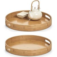 Zeller 2x Dienbladen rond bamboe hout 38 x 5 cm -  - Woondecoratie - Keukenbenodigdheden - Dranken serveren - Serveerbladen/Dienbladen van hout