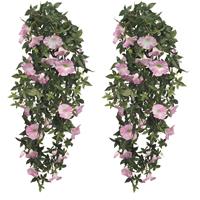 Mica Decorations 2x stuks groene Petunia lichtroze bloemen kunstplanten 80 cm -