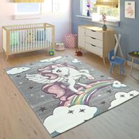 PACO HOME Kinderteppich Bunt Grau Kinderzimmer Regenbogen Design Einhorn Motiv 3-D Look 200x290 cm