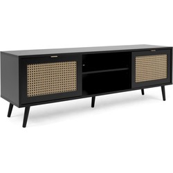 CaliCosy TV-meubel met 2 deuren, 2 neerklapbare fronten, rotanprint en zwart - Villa - L150 x H52 x D40 cm