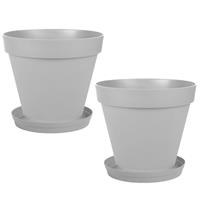 Set Van 2x Stuks Bloempotten Toscane Kunststof Grijs D30 X H26 Cm Inclusief Onderschalen D23 Cm - Plantenpotten