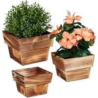 RELAXDAYS Blumentopf im 3er Set, geflammtes Holz, für außen & innen, viereckig, Deko für Pflanzen, Pflanzengefäß, natur - 