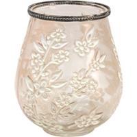 Clayre & Eef Glazen Theelichthouder Ø 15*18 cm Bruin, Wit, Roze Glas, Metaal Rond Bloemen Waxinelichthouder Windlichthouder