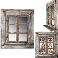 MELKO Wandspiegel mit Fensterläden 64x54cm Shabby Chic Spiegelfenster mit Ablage, Fenstertüren als Bilderrahmen 13x13cm nutzbar - 