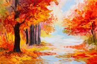 Karo-art Schilderij - Geschilderde Herfstbos, Prachtige kleuren, Premium Print op canvas, Wanddecoratie