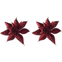 Cosy & Trendy 2x Kerstboomversiering op clip bordeaux/donkerrode glitter bloemen 8 cm- kerstboom decoratie - Donkerrode kerstversieringen