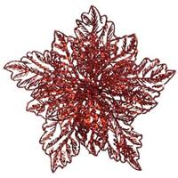 1x Kerstboomversiering op clip rode glitter bloem 23 cm - kerstboom decoratie - rode kerstversieringen