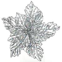 1x Kerstboomversiering op clip zilveren glitter bloem 23 cm - kerstboom decoratie - Zilver