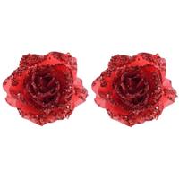 Bellatio 2x Rode glitter roos met clip - Kerst/kerstboom rode glitter rozen op clip 2 stuks