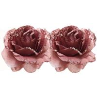 Bellatio 2x Oud roze decoratie bloemen rozen op clip 14 cm - Kerstversiering/woondeco/knutsel/hobby bloemetjes/roosjes