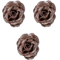 Bellatio 3x Oud roze roos met glitters op clip 7 cm - kerstversiering