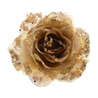 Bellatio 6x Gouden glitter roos met clip = Kerst decoratie gouden glitter roos 6 stuks - Goud
