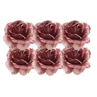 Bellatio 6x Oud roze decoratie bloemen rozen op clip 14 cm - Kerstversiering/woondeco/knutsel/hobby bloemetjes/roosjes