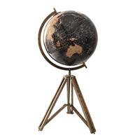 Clayre & Eef Wereldbol Decoratie 31*31*67 Cm Zwart Hout, Metaal Globe Aardbol Woonaccessoires Zwart Globe Aardbol