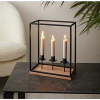 FRANK FLECHTWAREN Kerzenhalter Square aus Metall & Holz im industrial Design für 3 Stabkerzen, Kerzenständer