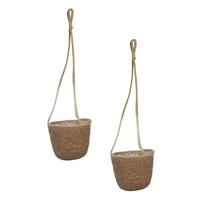 Ter Steege Set van 2x stuks hangende plantenpot/bloempot van jute/zeegras dia 19 cm en hoogte 17 cm camel bruin -