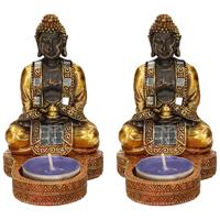 2x Stuks Indische Boeddha Theelichthouders Goud/zwart 12 Cm - Beeldjes