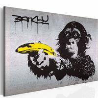 Karo-art Schilderij - Banksy - Stop of de aap zal schieten , wanddecoratie , premium print op echt Italiaans canvas, in 3 maten, voor slaapkamer en woonkamer