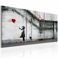 Karo-art Schilderij - Banksy - Er is altijd hoop 120x60cm - 3luik , wanddecoratie , premium print op echt Italiaans canvas, voor slaapkamer en woonkamer,