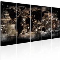 Karo-art Schilderij - Verlichte Wereld - Wereldkaart , zwart , beige , 5 luik, Premium print op echt Italiaans canvas, voor slaapkamer en woonkamer, wanddecoratie