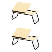 Items 2x stuks laptoptafels / schoottafels / bedtafels naturel MDF hout 62 x 37 x 26 cm - Tafeltje met tablethouder en bekerhouder