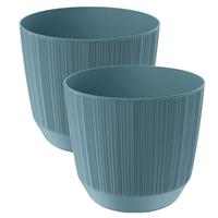 Prosperplast 2x stuks moderne carf-stripe plantenpot/bloempot kunststof dia 13 cm/hoogte 11 cm stone Blauw