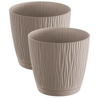 Prosperplast 2x stuks stijlvolle kunststof plantenpot/bloempot dia 17 cm/hoogte 16 cm Waves Taupe