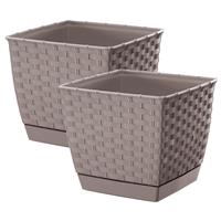 Prosperplast Set van 2x stuks plantenpotten/bloempotten rotan kunststof 25 x 25 cm en hoogte 22 cm Taupe