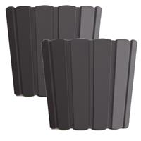 Prosperplast Set van 2x stuks wood-look plantenpot/bloempot kunststof dia 29 cm/hoogte 25 cm Antraciet