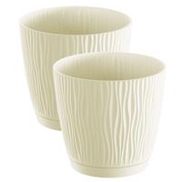 Prosperplast 2x stuks stijlvolle kunststof plantenpot/bloempot dia 28 cm/hoogte 26 cm Waves creme wit voor binnen/buiten