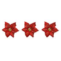 Bellatio 3x stuks decoratie bloemen kerststerren rood glitter op clip 20 cm - Decoratiebloemen/kerstboomversiering
