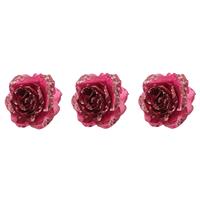 Bellatio 3x stuks decoratie bloemen roos framboos roze (magnolia) glitter op clip 14 cm - Decoratiebloemen/kerstboomversiering