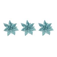 Cosy @ Home 3x stuks decoratie bloemen kerststerren ijsblauw glitter op clip 15 cm - Decoratiebloemen/kerstboomversiering