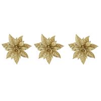 Cosy @ Home 3x stuks decoratie bloemen kerststerren goud glitter op clip 15 cm - Decoratiebloemen/kerstboomversiering