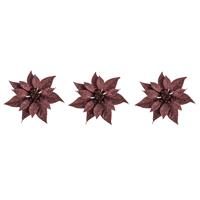 Cosy @ Home 3x stuks decoratie bloemen kerststerren donkerrood glitter op clip 18 cm - Decoratiebloemen/kerstboomversiering