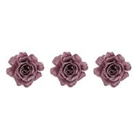Cosy @ Home 3x stuks decoratie bloemen roos roze glitter op clip 10 cm - Decoratiebloemen/kerstboomversiering/kerstversiering