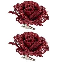 Cosy @ Home 3x stuks decoratie bloemen roos rood glitter op clip 10 cm - Decoratiebloemen/kerstboomversiering/kerstversiering