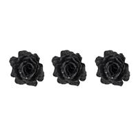 Cosy @ Home 3x stuks decoratie bloemen roos zwart glitter op clip 10 cm - Decoratiebloemen/kerstboomversiering/kerstversiering