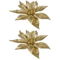 Cosy @ Home 3x stuks decoratie bloemen kerststerren goud glitter op clip 18 cm - Decoratiebloemen/kerstboomversiering
