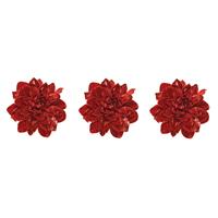 Bellatio 3x stuks decoratie bloemen velvet rood op clip 16 cm - Decoratiebloemen/kerstboomversiering/kerstversiering