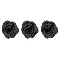Cosy @ Home 3x stuks decoratie bloemen roos zwart glitter op clip 18 cm - Decoratiebloemen/kerstboomversiering/kerstversiering
