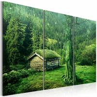 Karo-art Schilderij - Bos Ecosysteem, Groen, 3luik , premium print op echt Italiaans canvas, Wanddecoratie, voor slaapkamer en woonkamer