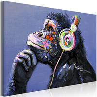 Karo-art Schilderij - Muzikale Chimpansee, 90x60cm, print op echt Italiaans canvas, Humor in huis, wanddecoratie