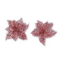 Christmas goods 4x stuks decoratie kerststerren bloemen roze glitter op clip 18 cm -