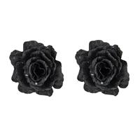 Cosy @ Home 2x stuks decoratie bloemen roos zwart glitter op clip 10 cm -