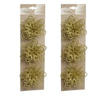 Bellatio 6x stuks decoratie bloemen goud glitter op clip 11 cm -