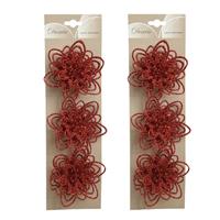 Bellatio 6x stuks decoratie bloemen rood glitter op clip 11 cm -