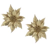 Cosy @ Home 2x stuks decoratie bloemen kerstster goud glitter op clip 18 cm -