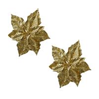 Bellatio 2x stuks decoratie bloemen kerstster goud glitter op clip 23 cm -