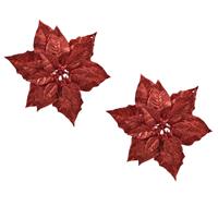 Bellatio 2x stuks decoratie bloemen kerstster rood glitter op clip 23 cm -